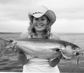 Elspeth Finney with a solid tailor taken by casting a 35 gram Sniper into a wash at Long Nose Point. The fish was close to 2.5 kilos and was released after the photo.
